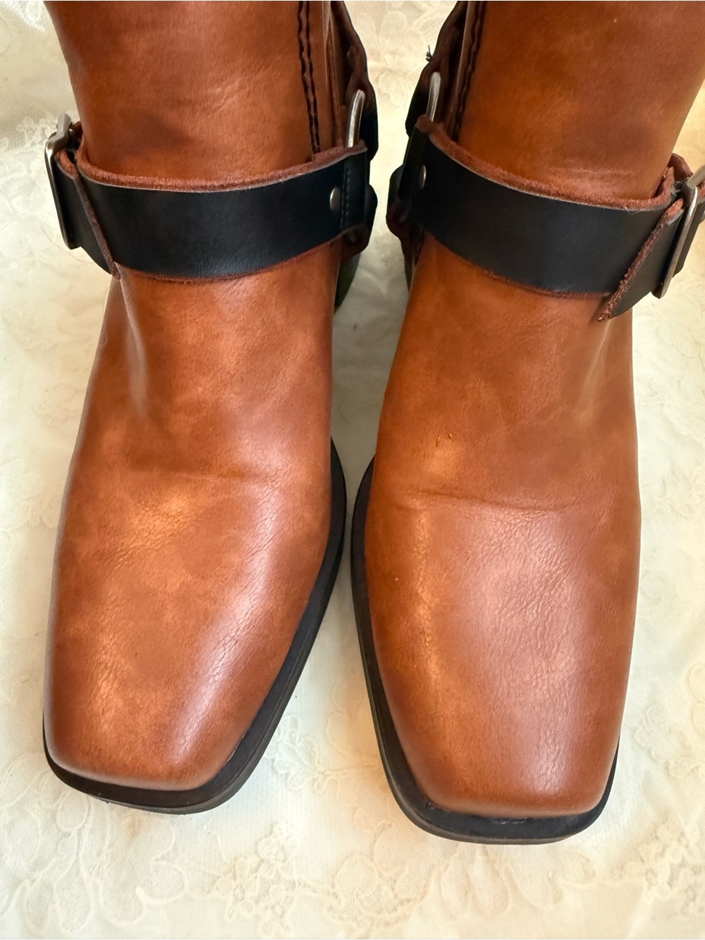 SOLD BEAST FASHION Tan/Brown Faux Cognac Leather with Moto Straps Western NWOT - Picture 5 of 11